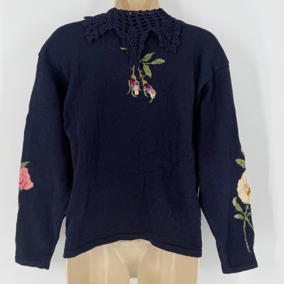 Vintage 90s Susan Bristol Floral Embroidered Cardigan L Cottagecore Grannycore - Picture 6 of 15